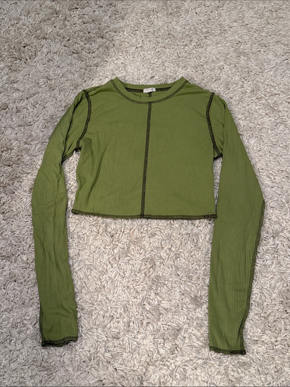 Garage Green Seam-Detail Ribbed Long Sleeve Crop Top